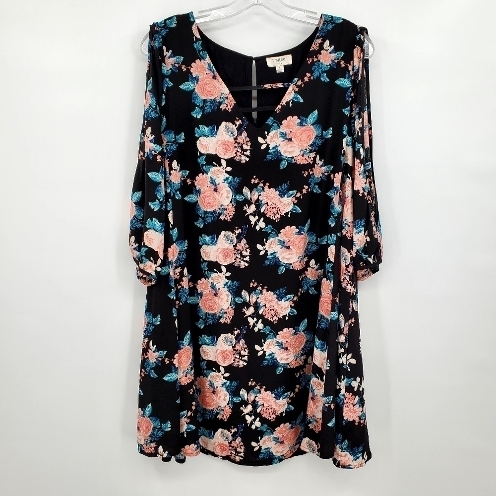 Umgee Navy Blue Pink Floral Rose Print Mini Dress